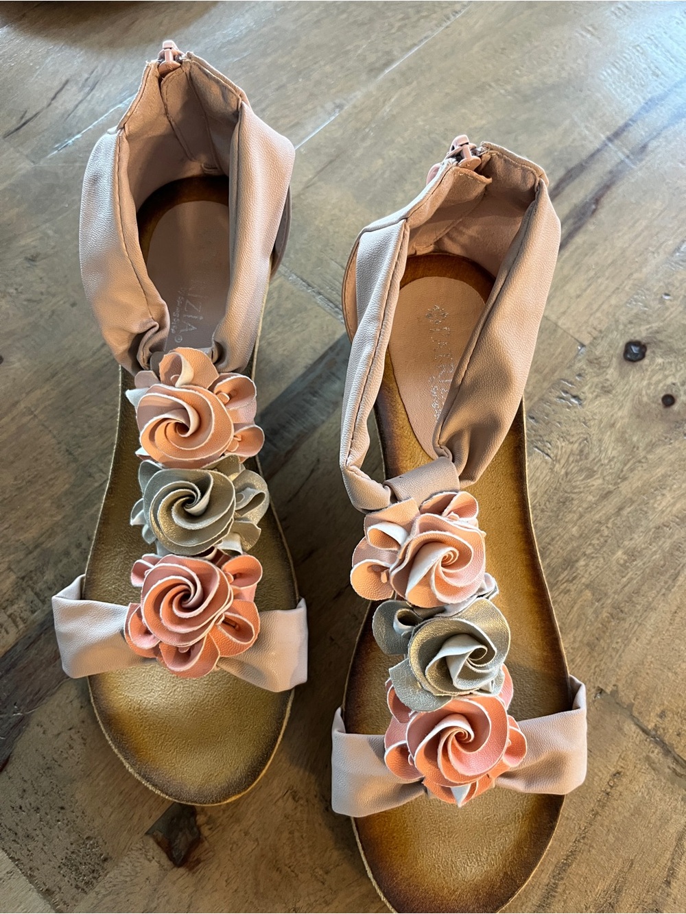 Floral Rosette Wedge Sandals in Blush and Sage